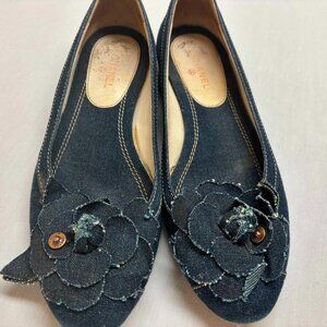 CHANEL Camillia Blue Denim Ballet Ballerinas Flats Shoes Size 39